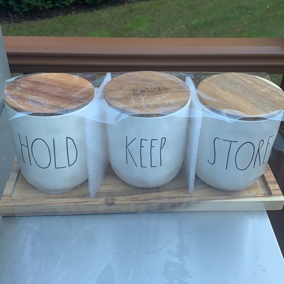 New Rae Dunn HOLD / KEEP / STORE canister set on wooden stand. - Picture 2 of 9